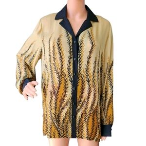 Bob Mackie Wearable Art 100% Silk Beige Vine Wheat Print Button Blouse Size M